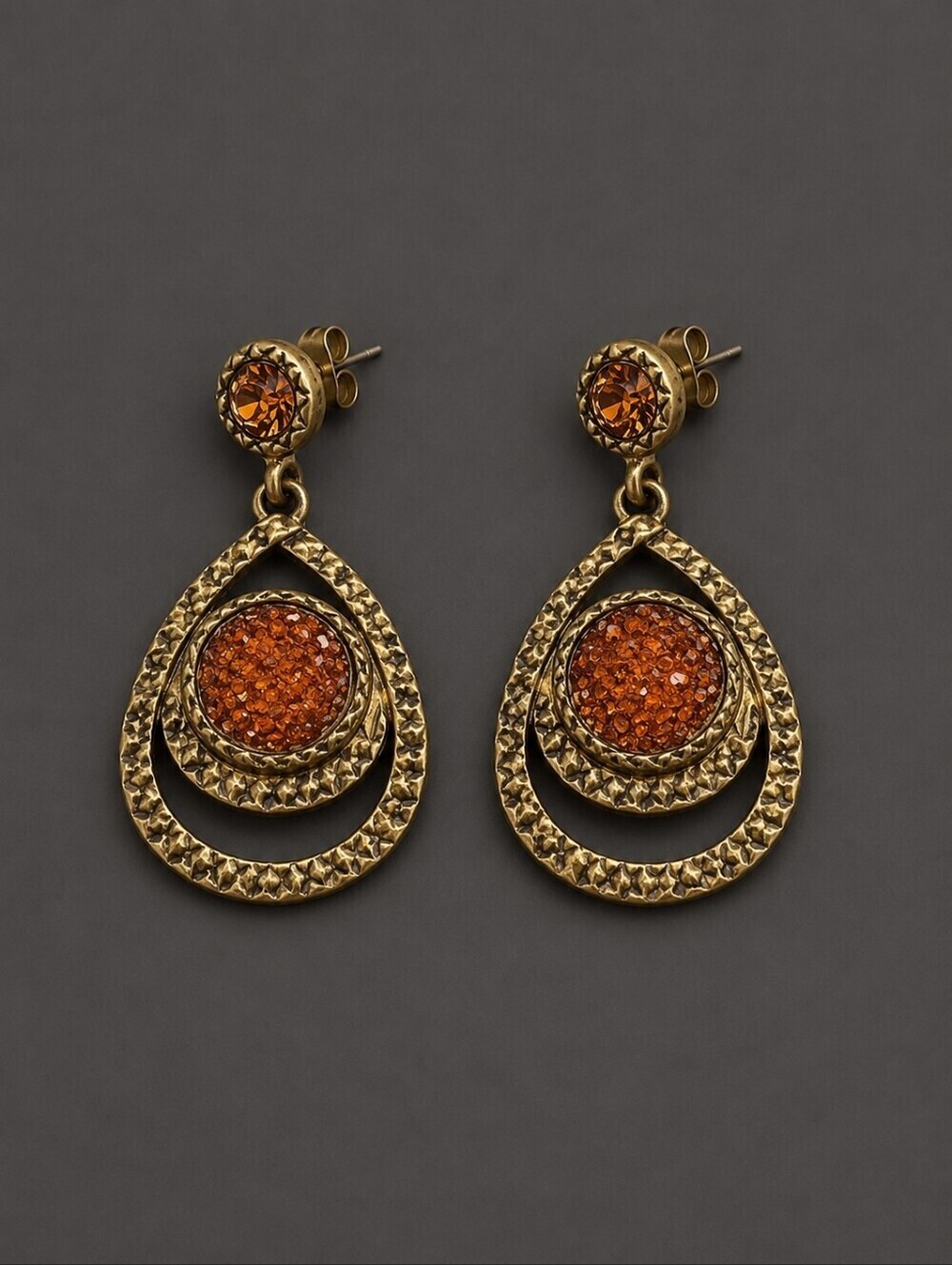 vtg Estate Brass Orange Druzy Teardrop Nebula Earrings